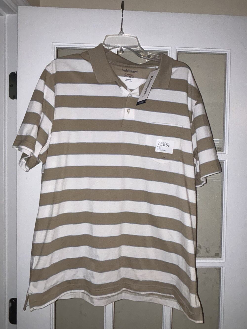 NWT saddlebred men’s polo tan/white striped classic fit comfort flex large